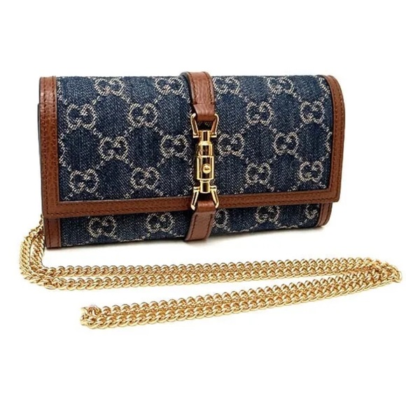 Gucci Handbags - GUCCI Jackie 1961 Denim Blue GG Logo Gold Chain Mini Crossbody Bag-Holds Phone📱